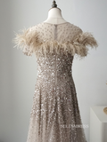 Chic A-line Sequins Feather Long Prom Dress Elegant Evening Dress #KOP006