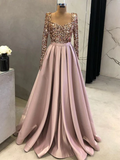 Chic A-line Shiny Long Prom Dresses Elegant Pink Sequins Evening Formal Gowns SEW0182|Selinadress