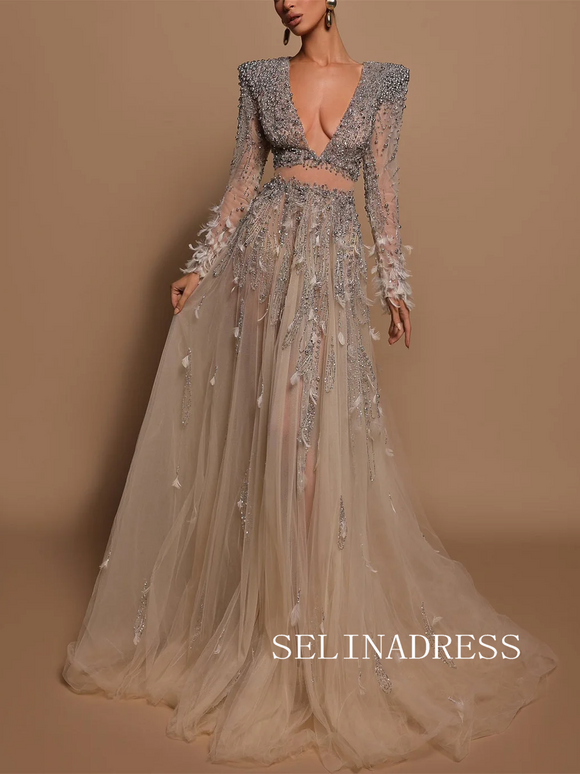 Chic A-line Silver Beaded Prom Dresses With Feather Long Sleeve Evening Gowns TKH012|Selinadress