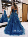 Chic A-line Spaghetti Straps Appliue Long Prom Dresses Blue Evening Dress TKH023|Selinadress
