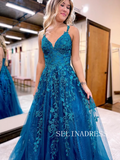 Chic A-line Spaghetti Straps Appliue Long Prom Dresses Blue Evening Dress TKH023|Selinadress