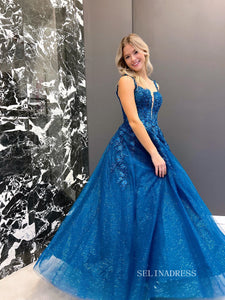 Chic A-line Spaghetti Straps Blue Appliques Long Prom Dress Elegant Party Dress #OPW016|Selinadress