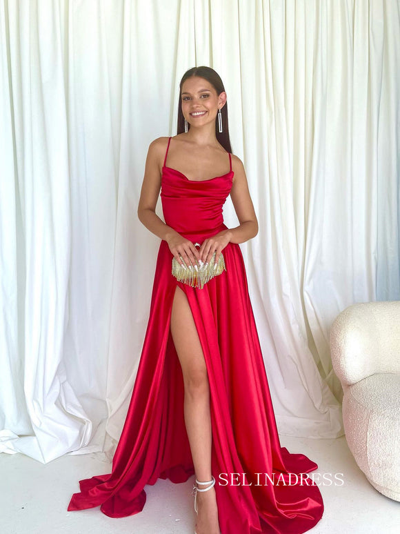 Chic A-line Spaghetti Straps Cheap Long Prom Dresses Red Evening Dress SEW0201|Selinadress