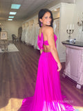 Chic A-line Spaghetti Straps Long Prom Dresses Elegant Fuchsia Evening Dress sew0314|Selinadress