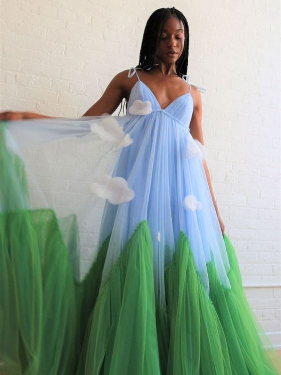 Chic A-line Spaghetti Straps Long Prom Dresses Sky Blue Stitching