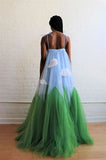 Chic A-line Spaghetti Straps Long Prom Dresses Sky Blue Stitching Design Evening Formal Dresses kts062|Selinadress