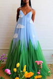 Chic A-line Spaghetti Straps Long Prom Dresses Sky Blue Stitching Design Evening Formal Dresses kts062|Selinadress