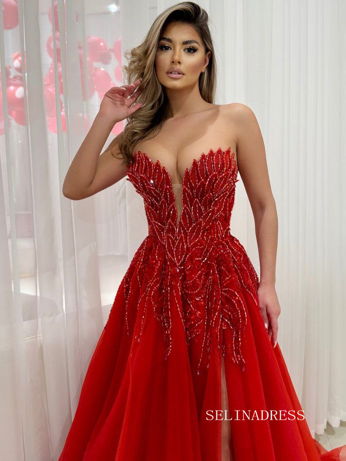 Chic A-line Strapless Elegant Red Long Prom Dresses Thigh Split Beaded – SELINADRESS