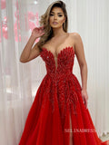 Chic A-line Strapless Elegant Red Long Prom Dresses Thigh Split Beaded Evening Dress sew03343|Selinadress