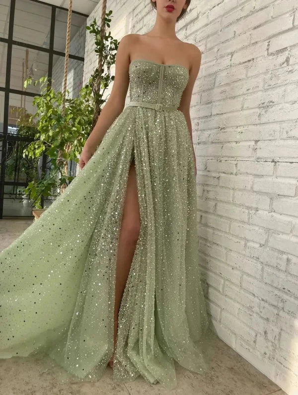 green glitter formal dress Long Glitter Prom Dress with Empire Waist