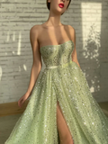 Chic A-line Strapless Glitter Long Prom Dresses Elegant Green Evening Dress sew0209|Selinadress