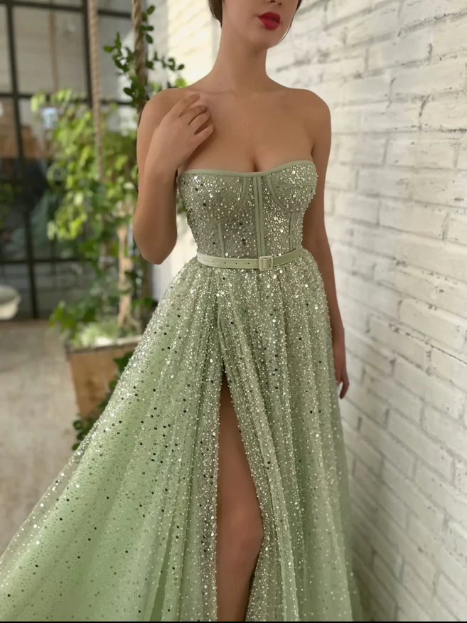Chic A-line Strapless Glitter Long Prom Dresses Elegant Green Evening