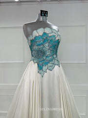 Chic A-line Strapless Gorgeous Blue Long Prom Dresses Evening Dresses TKL800|Selinadress