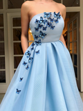 Chic A-line Strapless Long Prom Dresses Butterfly Light Sky Blue Evening Formal Dresses kts060|Selinadress