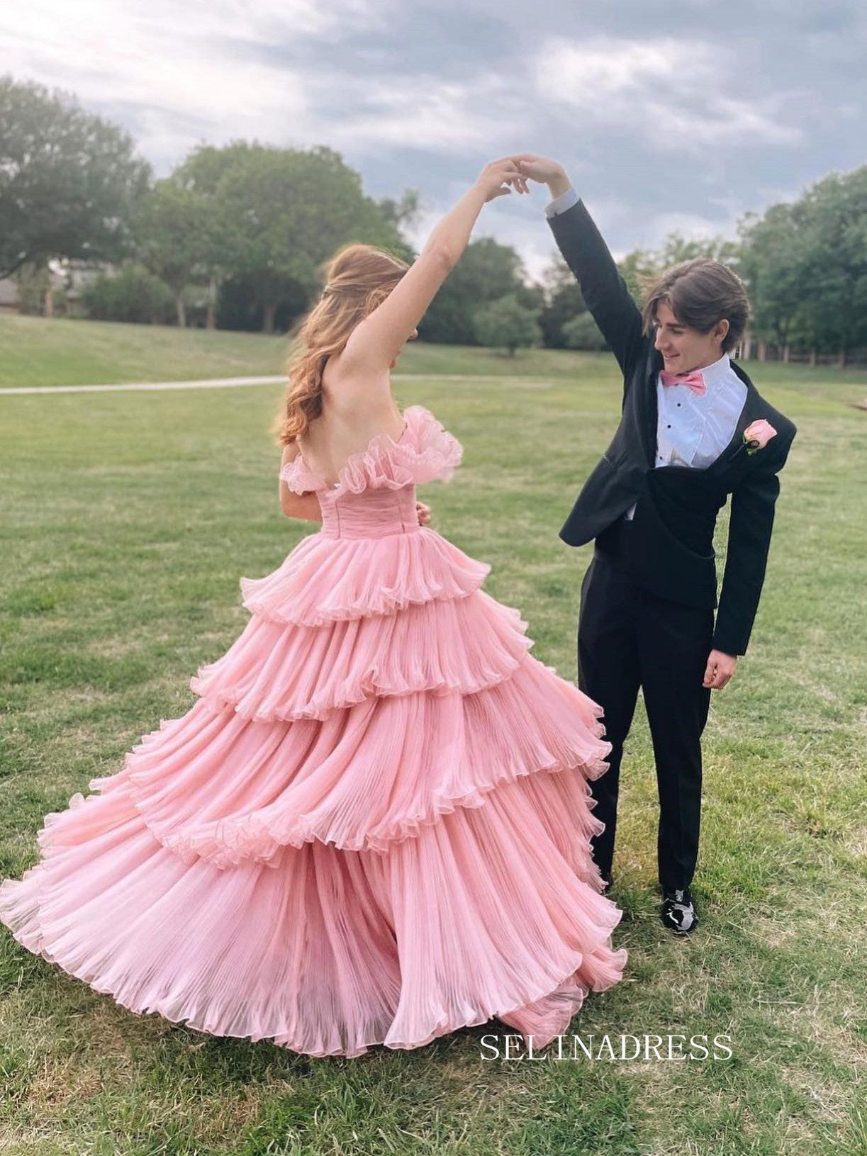 Chic A-line Strapless Pink Long Prom Dresses Elegant Quincedress Eveni SELINADRESS Chic A-line Strapless Pink Long Prom Dresses Elegant Quincedress Eveni SELINADRESS