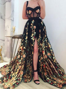 Chic A-line Straps Black Long Prom Dresses 3D Floral Lace Evening Gowns Formal Dresses KTS058|Selinadress