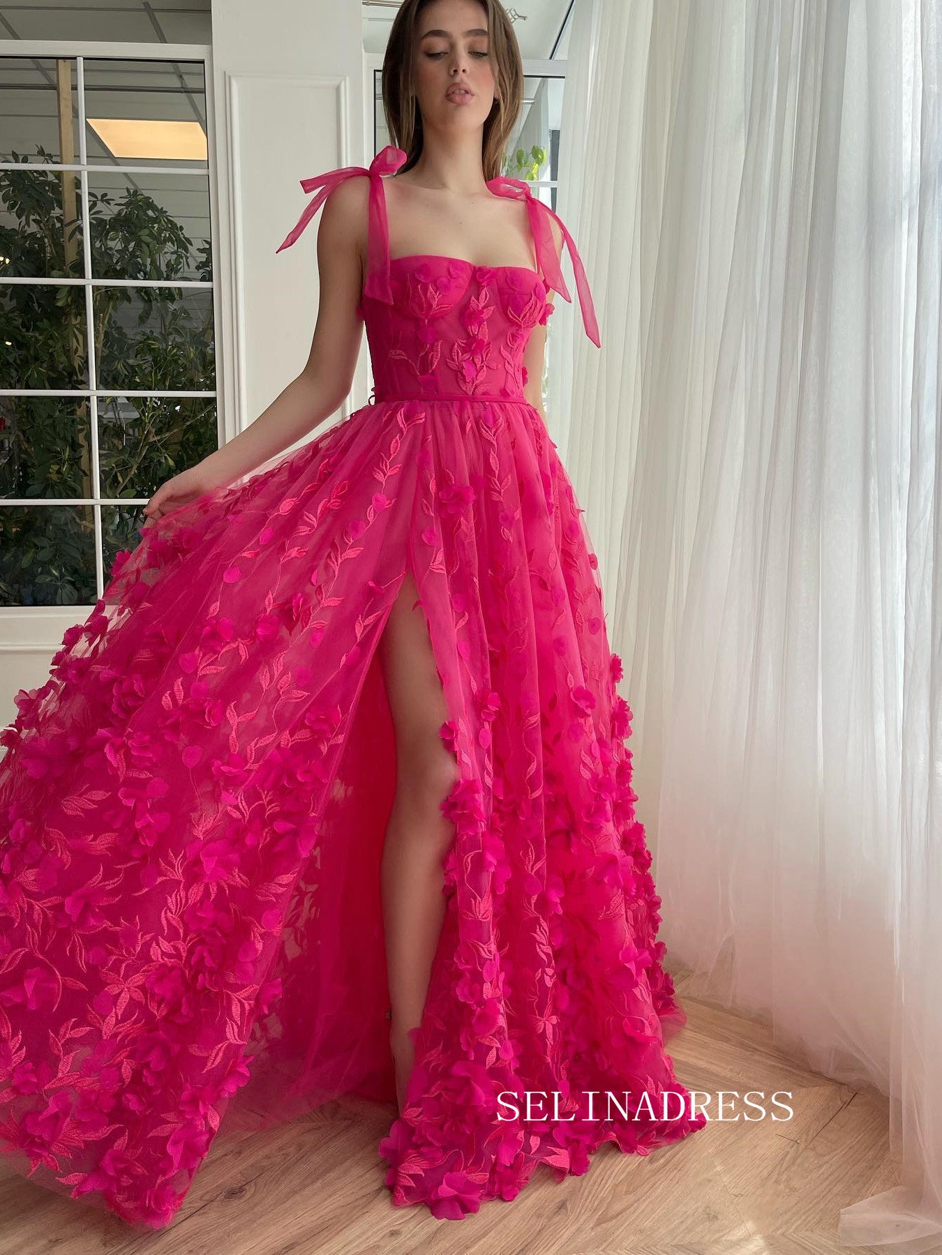 Chic ALine Straps Hot Pink 3D Lace Floral Long Prom Dress Elegant Par