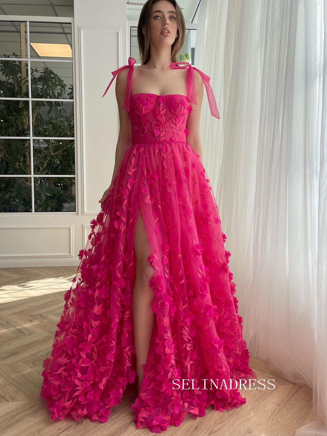 Chic ALine Straps Hot Pink 3D Lace Floral Long Prom Dress Elegant Par
