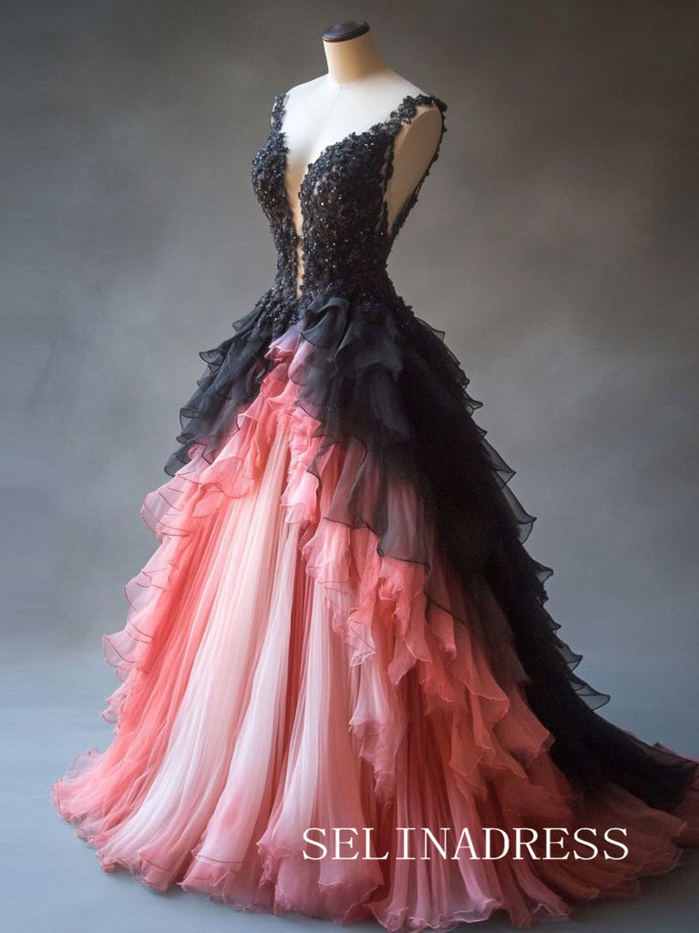 pink black prom dresses Chic A-line Straps Pink Black Long Prom Dress Applique Lace Mutil Laye –  SELINADRESS