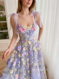 Chic A-line Straps Spring Long Prom Dress 3D Floral Beautiful Evening Gown #OPW033|Selinadress