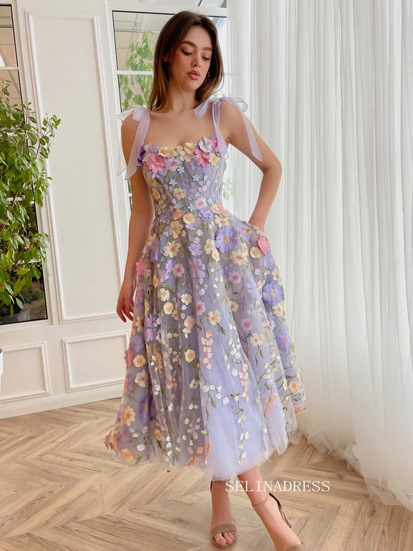 Chic A-line Straps Spring Long Prom Dress 3D Floral Beautiful Evening Gown #OPW033|Selinadress