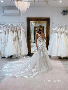 Chic A-line Straps White Country Wedding Dress Rustic Appliques Bridal Dresses lpk124|Selinadress