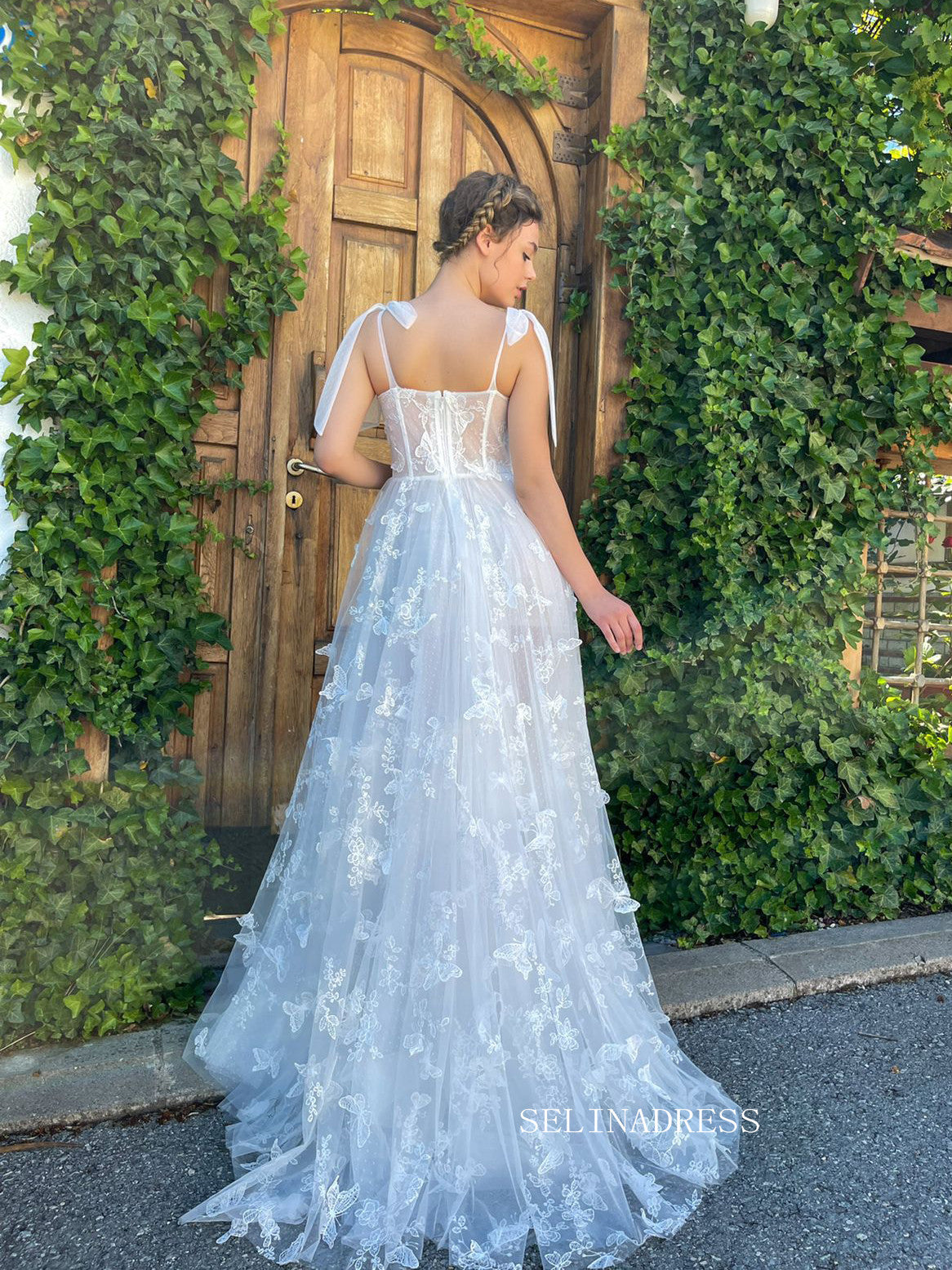 Chic A-line Straps White Long Prom Dress 3D Floral Lace Butterfly Charming Evening Gown #OPW035 Chic A-line Straps White Long Prom Dress 3D Floral Lace Butterfly Charming Evening Gown #OPW035
