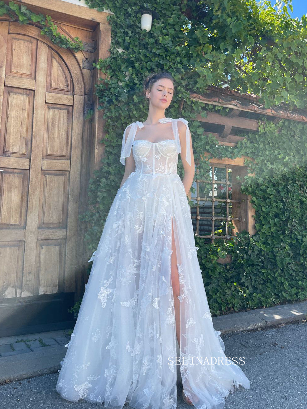 Chic A-line Straps White Long Prom Dress 3D Floral Lace Butterfly Charming Evening Gown #OPW035 Chic A-line Straps White Long Prom Dress 3D Floral Lace Butterfly Charming Evening Gown #OPW035