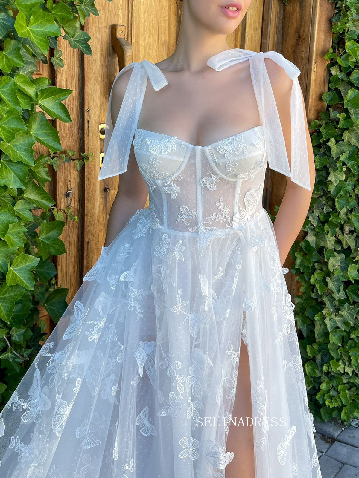 Chic A-line Straps White Long Prom Dress 3D Floral Lace Butterfly Char SELINADRESS Chic A-line Straps White Long Prom Dress 3D Floral Lace Butterfly Char SELINADRESS