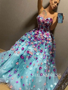 Chic A-line Sweetheart Beautiful Flower Prom Dresses Blue Long Evening Dress TKH008|Selinadress