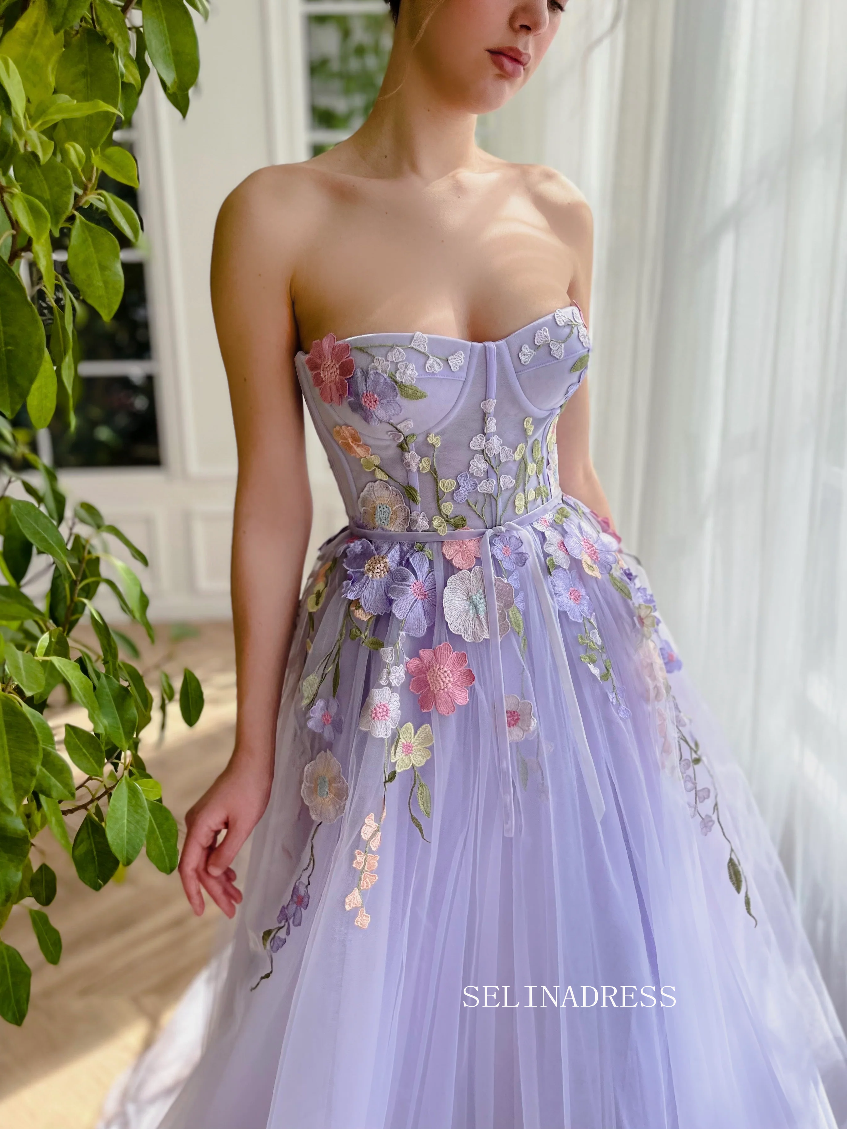 Chic A-line Sweetheart Lavender Long Prom Dress Elegant Floral Evening SELINADRESS Chic A-line Sweetheart Lavender Long Prom Dress Elegant Floral Evening SELINADRESS