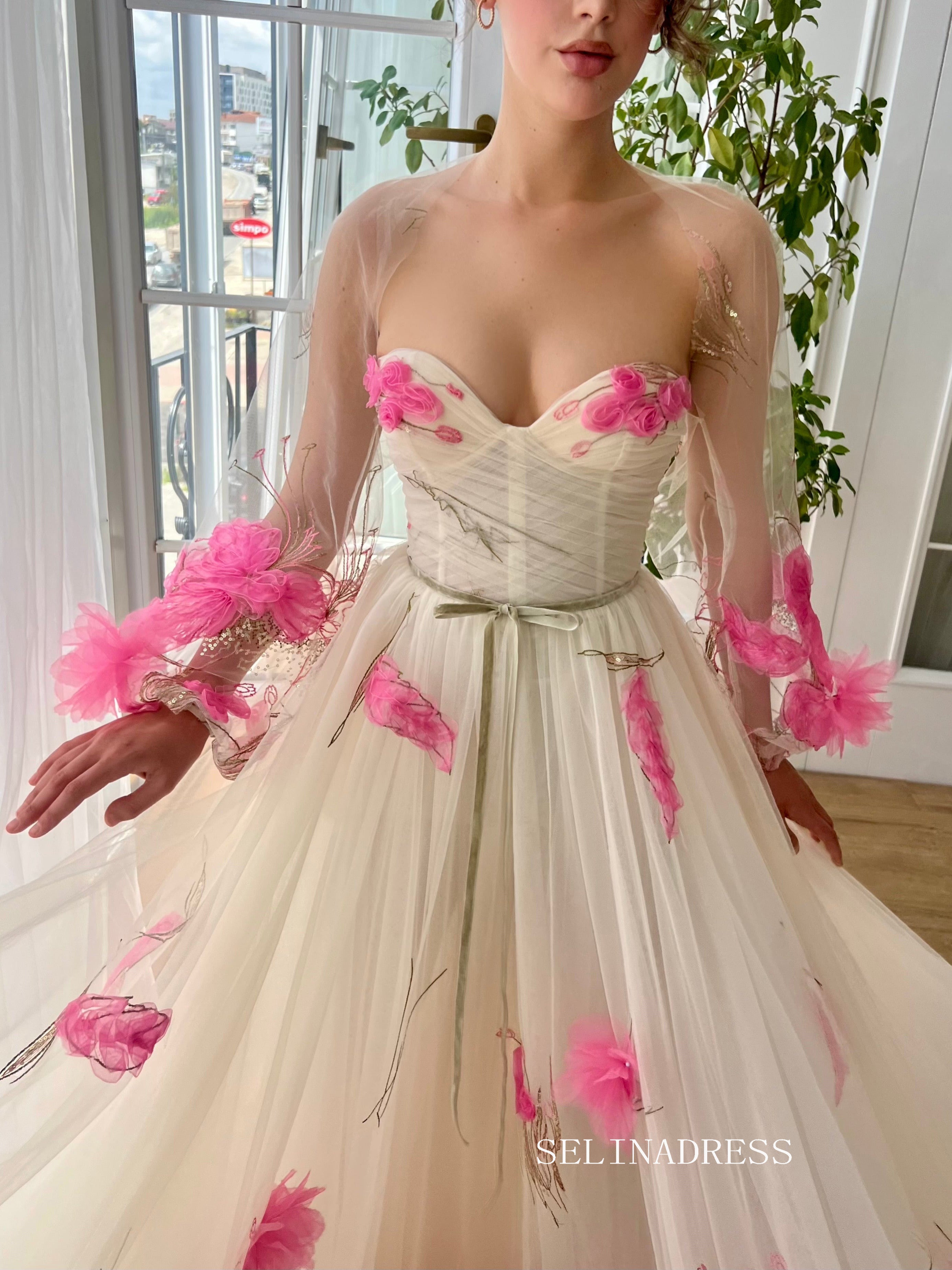 Chic A line Sweetheart Long Prom Dress Pink Flower Party Dress With Sh SELINADRESS Chic A line Sweetheart Long Prom Dress Pink Flower Party Dress With Sh SELINADRESS