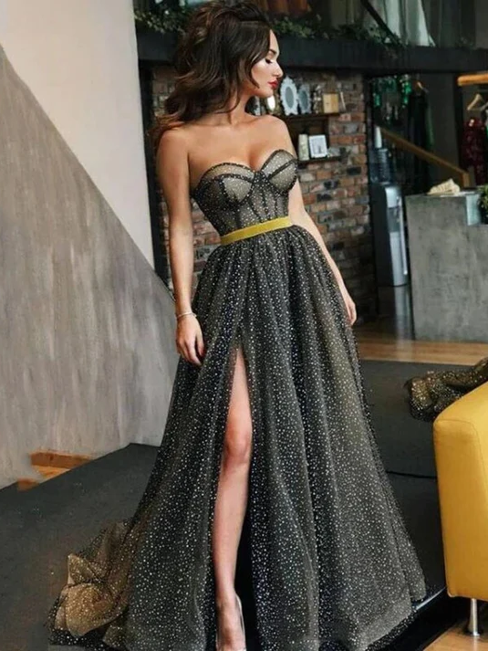 Chic A-line Sweetheart Long Prom Dresses Elegant Glitter Black Evening Formal Gowns SEW0181|Selinadress