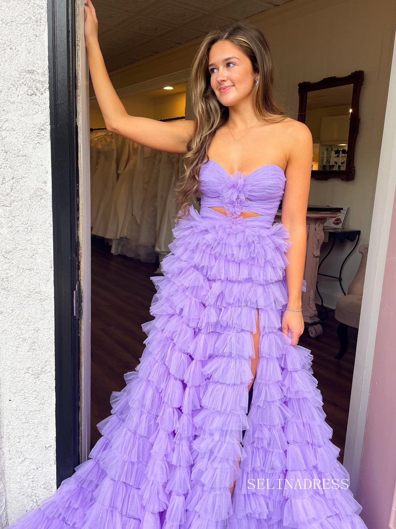 Chic A-line Sweetheart Long Prom Dresses Ruffles Elegant Lavender Even SELINADRESS Chic A-line Sweetheart Long Prom Dresses Ruffles Elegant Lavender Even SELINADRESS