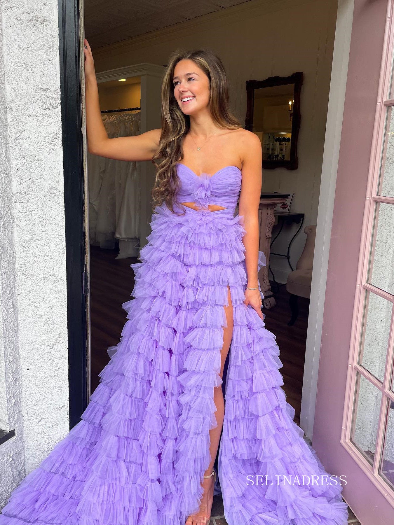 Chic A-line Sweetheart Long Prom Dresses Ruffles Elegant Lavender Even SELINADRESS Chic A-line Sweetheart Long Prom Dresses Ruffles Elegant Lavender Even SELINADRESS