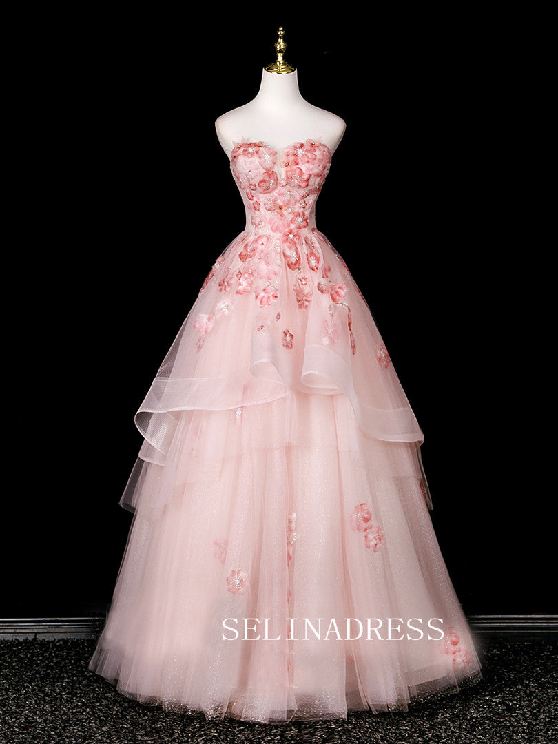 Chic A-line Sweetheart Pink Prom Dresses With Beaded Flower Evening Dress CRN074|Selinadress