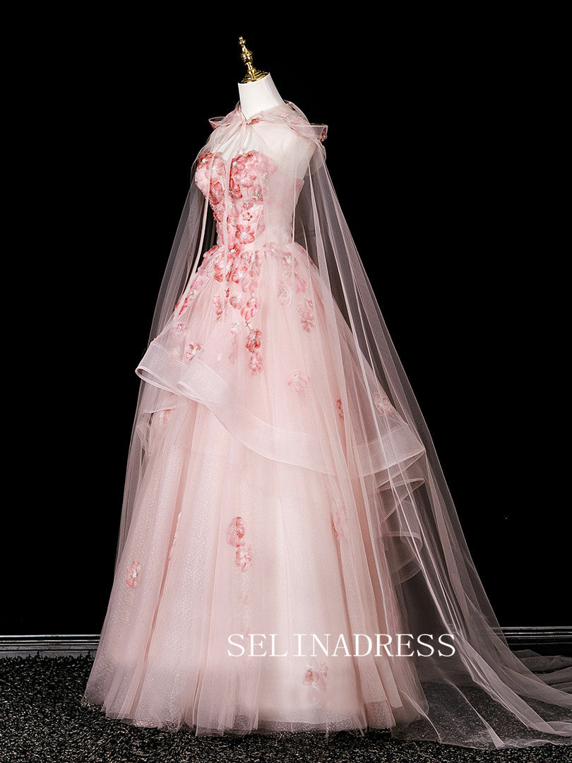 Chic A-line Sweetheart Pink Prom Dresses With Beaded Flower Evening Dress CRN074|Selinadress