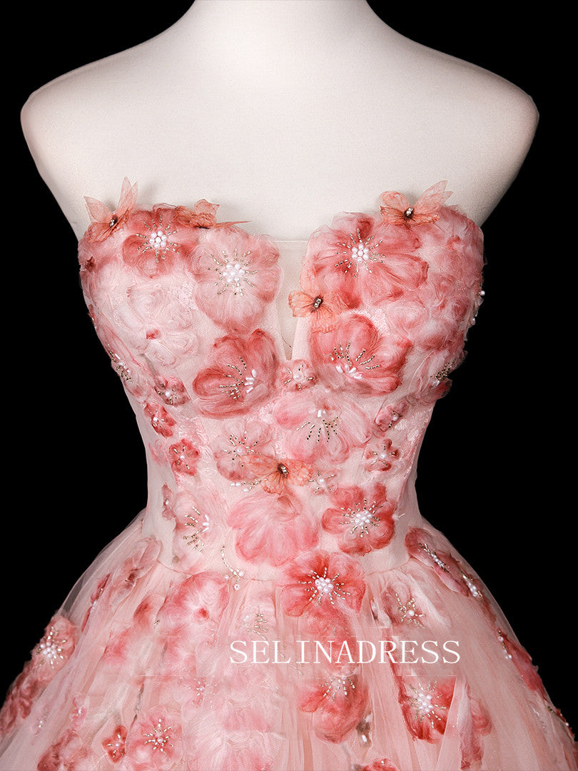 Chic A-line Sweetheart Pink Prom Dresses With Beaded Flower Evening Dress CRN074|Selinadress