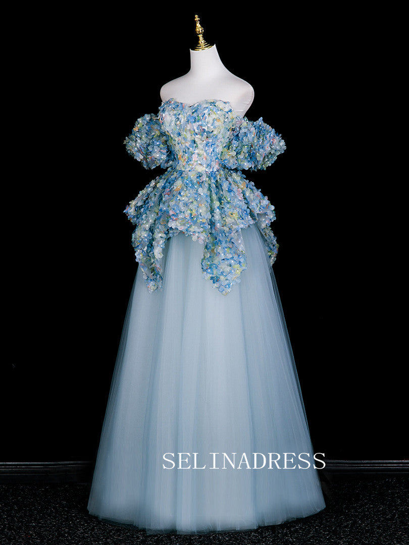 Chic A-line Sweetheart Prom Dresses WIth Flower Blue Evening Dress CRN072|Selinadress
