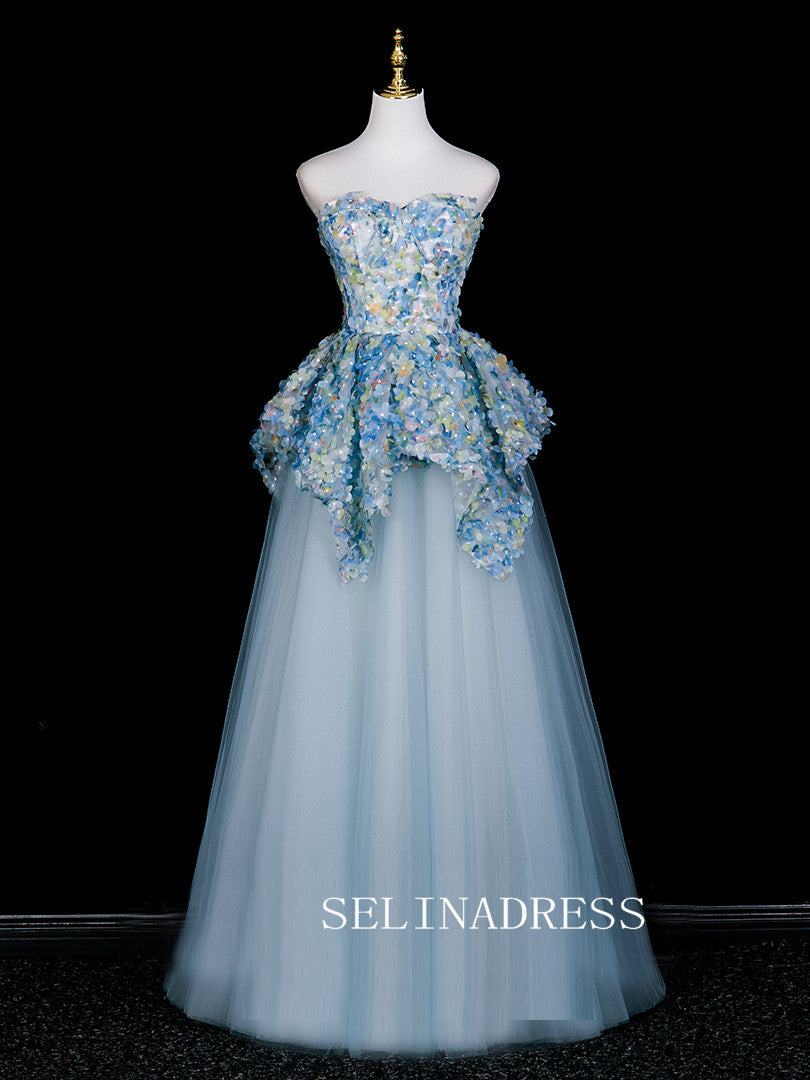 Chic A-line Sweetheart Prom Dresses WIth Flower Blue Evening Dress CRN072|Selinadress