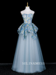 Chic A-line Sweetheart Prom Dresses WIth Flower Blue Evening Dress CRN072|Selinadress