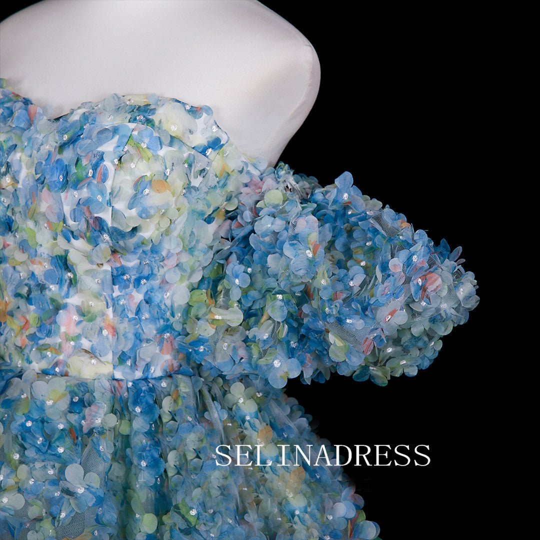 Chic A-line Sweetheart Prom Dresses WIth Flower Blue Evening Dress CRN072|Selinadress