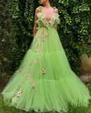 Chic A-line V neck Floral Long Prom Dresses Beautiful Flower Evening Formal Dresses kts064|Selinadress