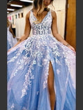 Chic A-line V neck Lace Long Prom Dresses Elegant Blue Evening Dress sew0207|Selinadress