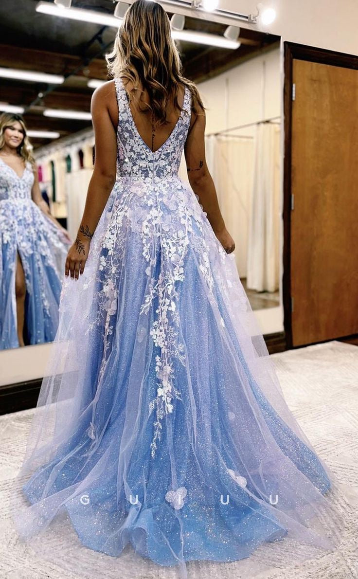 Chic A-line V neck Lace Long Prom Dresses Elegant Blue Evening Dress s SELINADRESS Chic A-line V neck Lace Long Prom Dresses Elegant Blue Evening Dress s SELINADRESS