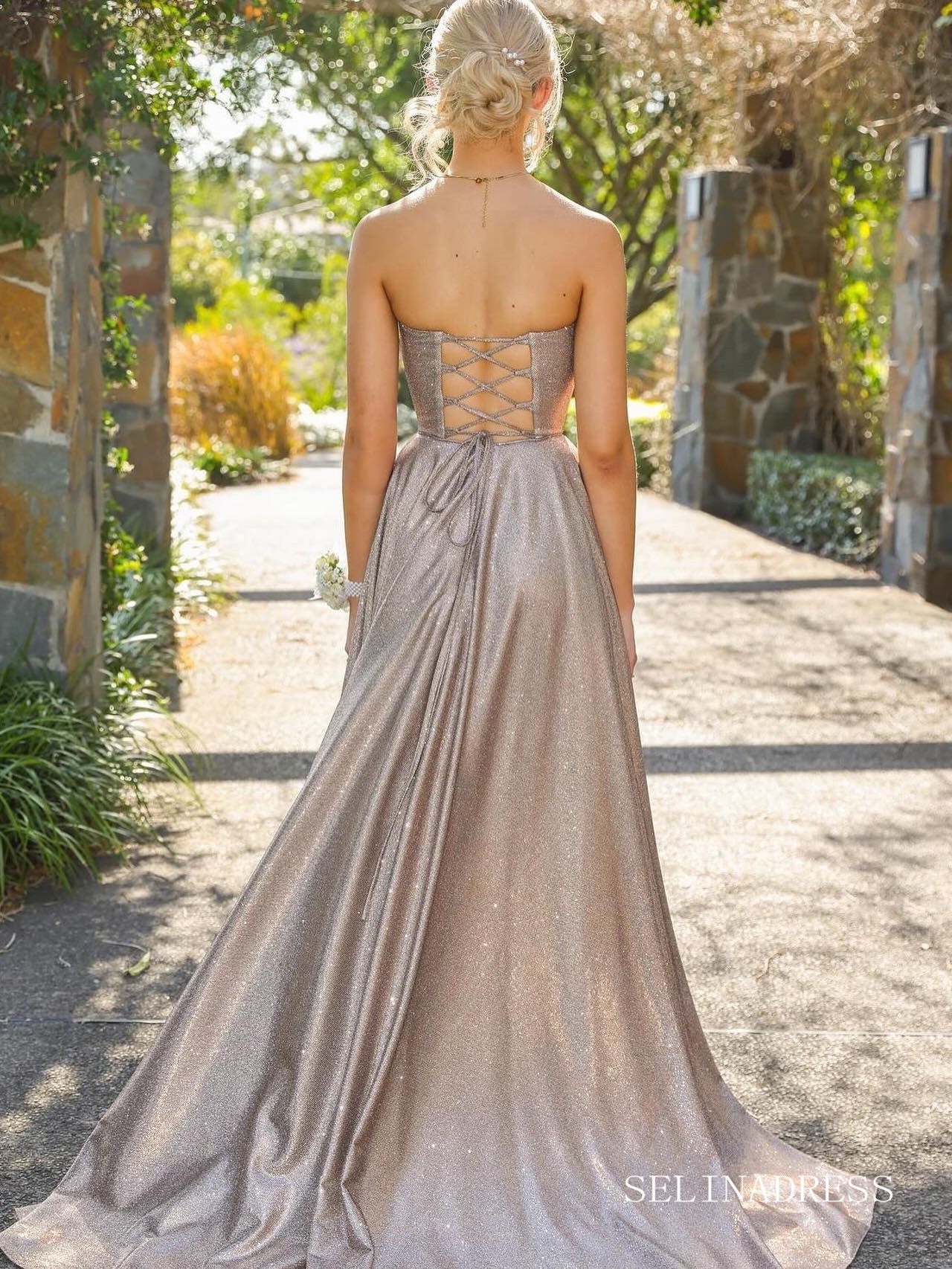 Chic A-line V neck Long Prom Dresses Elegant Glitter Evening Dress sew SELINADRESS Chic A-line V neck Long Prom Dresses Elegant Glitter Evening Dress sew SELINADRESS