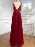 Chic A-line V neck Long Sleeve Beaded Evening Dress Elegant Long Prom Dresses sew03371|Selinadress