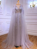 Chic A-line V neck Long Sleeve Beaded Evening Dress Elegant Long Prom Dresses sew03371|Selinadress