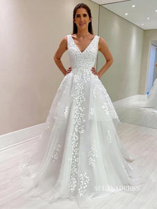 Chic A-line V Neck White Wedding Dress Rustic Applique Bridal Dresses lpk128|Selinadress