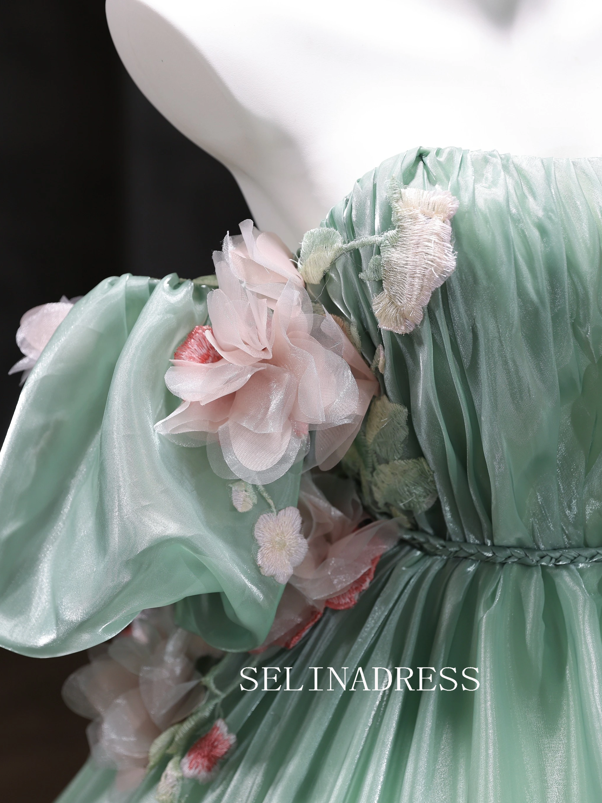 Chic Ball Gown Green Off-the-shoulder Prom Dresses Floral Evening Dress CRN068 Chic Ball Gown Green Off-the-shoulder Prom Dresses Floral Evening Dress CRN068